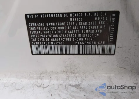 2015 Volkswagen Golf Sportwagen Tdi S 4-Door z USA, uszkodzony, nr VIN 3VWCA7AU9FM512623